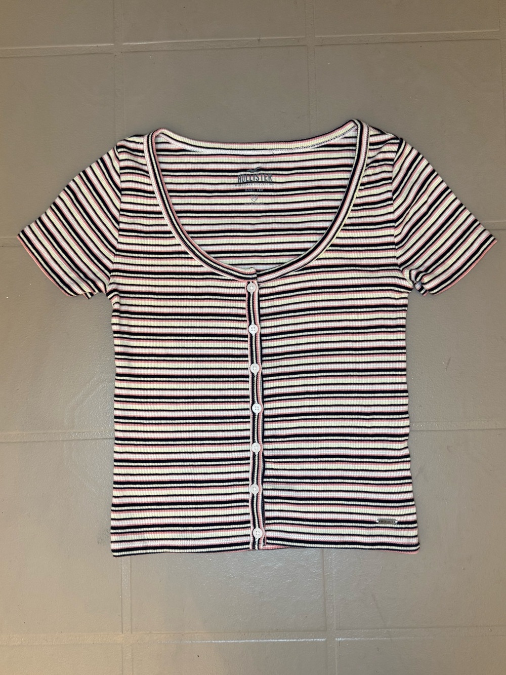 Hollister Pink Black White Striped Button-Front Scoop Top